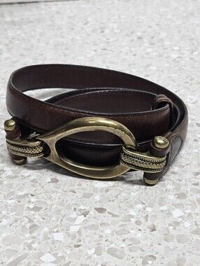 Vintage Brown Leather Womens Belt With Brass Oval Buckle Adjustable
